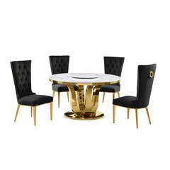 5pc White marble round dining set with gold base and 4 Black side chairs