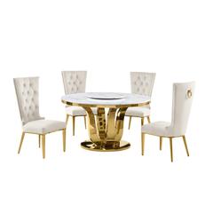 5pc White marble round dining set with gold base and 4 Cream side chairs