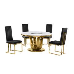 5pc White marble round dining set with gold base and 4 Black side chairs