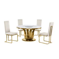 5pc White marble round dining set with gold base and 4 Cream side chairs