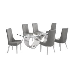 7Pc Tempered Glass Dining Set 6 Rich Gray Boucle Side Chairs And A Silver Base