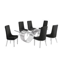 7Pc Tempered Glass Dining Set With 6 Black Boucle Side Chairs And A Silver Base