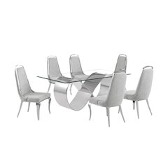 7Pc Tempered Glass Dining Set 6 Rich Gray Boucle Side Chairs And A Silver Base