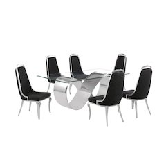 7Pc Tempered Glass Dining Set With 6 Black Boucle Side Chairs And A Silver Base