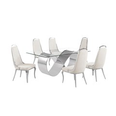 7Pc Tempered Glass Dining Set With 6 Cream Boucle Side Chairs And A Silver Base