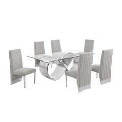 7Pc Tempered Glass Dining Set 6 Rich Gray Boucle Side Chairs And A Silver Base