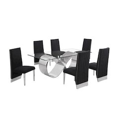 7Pc Tempered Glass Dining Set With 6 Black Boucle Side Chairs And A Silver Base