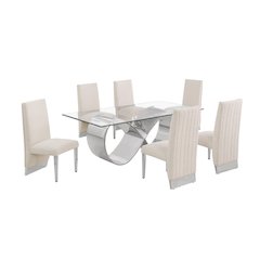 7Pc Tempered Glass Dining Set With 6 Cream Boucle Side Chairs And A Silver Base