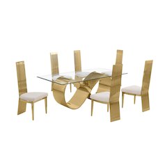 7Pc Tempered Glass Dining Set With 6 Cream Boucle Fabric Side Chairs
