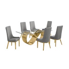 7Pc Tempered Glass Dining Set 6 Rich Gray Boucle Side Chairs And A Gold Base