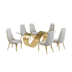 7Pc Tempered Glass Dining Set 6 Rich Gray Boucle Side Chairs And A Gold Base