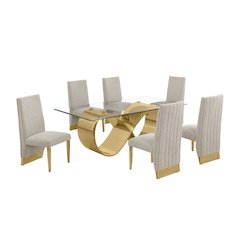 7Pc Tempered Glass Dining Set With 6 Gray Boucle Side Chairs And A Gold Base