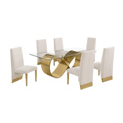 7Pc Tempered Glass Dining Set With 6 Cream Boucle Side Chairs And A Gold Base