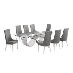9Pc Tempered Glass Dining Set 8 Rich Gray Boucle Side Chairs And Silver Base