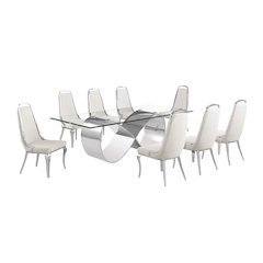 9Pc Tempered Glass Dining Set With 8 Cream Boucle Side Chairs And A Silver Base