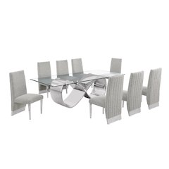 9Pc Tempered Glass Dining Set 8 Rich Gray Boucle Side Chairs And Silver Base