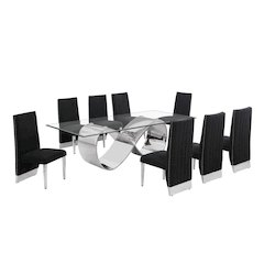 9Pc Tempered Glass Dining Set 8 Black Boucle Side Chairs And Silver Base