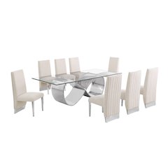 9Pc Tempered Glass Dining Set 8 Cream Boucle Side Chairs And Silver Base
