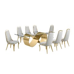 9Pc Tempered Glass Dining Set 8 Rich Gray Boucle Side Chairs And A Gold Base