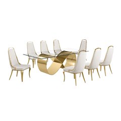 9Pc Tempered Glass Dining Set With 8 Cream Boucle Side Chairs And A Gold Base