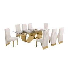 9Pc Tempered Glass Dining Set 8 Cream Boucle Chairs And Gold Base