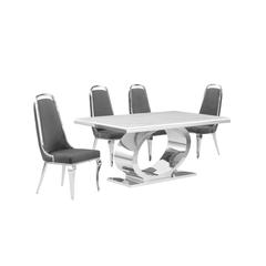 5pc Small(68") marble top dining set with silver base and 4 Dark grey chairs