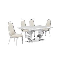 5pc Small(68") marble top dining set with silver base and 4 Cream side chairs