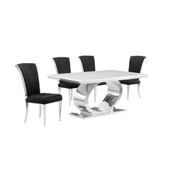 5pc Small(48") marble top dining set with silver base and 4 Black side chairs