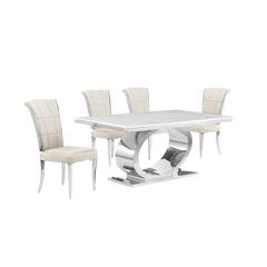 5pc Small(48") marble top dining set with silver base and 4 Cream side chairs