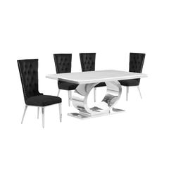 5pc Small(68") marble top dining set with silver base and 4 Black side chairs