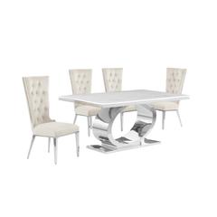 5pc Small(68") marble top dining set with silver base and 4 Cream side chairs