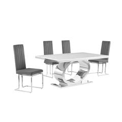 5pc Small(68") marble top dining set with silver base and 4 Dark grey chairs