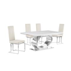 5pc Small(68") marble top dining set with silver base and 4 Cream side chairs