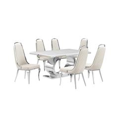 7pc Large(68") marble top dining set with silver base and 6 Cream side chairs