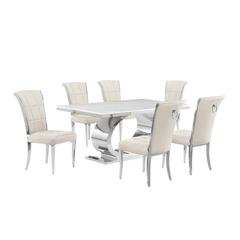 7pc Small(68") marble top dining set with silver base and 6 Cream side chairs