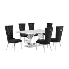 7pc Small(68") marble top dining set with silver base and 6 Black side chairs
