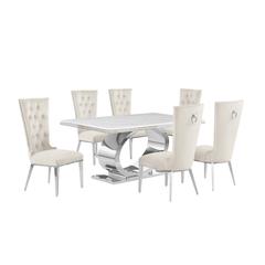 7pc Small(68") marble top dining set with silver base and 6 Cream side chairs