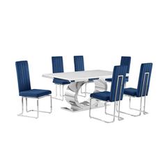 7pc Small(68") marble top dining set with silver base and 6 Navy blue chairs