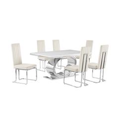 7pc Small(68") marble top dining set with silver base and 6 Cream side chairs