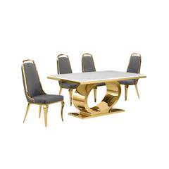 5pc Small(68") marble top dining set with gold base and 4 Dark grey side chairs