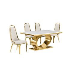 5pc Small(68") marble top dining set with gold base and 4 Cream side chairs