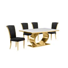 5pc Small(68") marble top dining set with gold base and 4 Black side chairs
