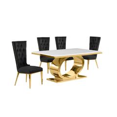 5pc Small(68") marble top dining set with gold base and 4 Black side chairs