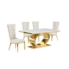 5pc Small(68") marble top dining set with gold base and 4 Cream side chairs