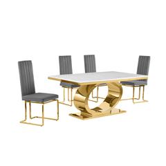 5pc Small(68") marble top dining set with gold base and 4 Dark grey side chairs