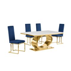 5pc Small(68") marble top dining set with gold base and 4 Navy blue side chairs