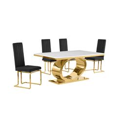 5pc Small(68") marble top dining set with gold base and 4 Black side chairs