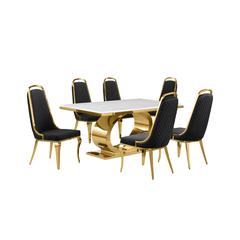 7pc Small(68") marble top dining set with gold base and 6 Black side chairs