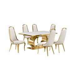 7pc Small(68") marble top dining set with gold base and 6 Cream side chairs