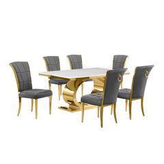 7pc Small(68") marble top dining set with gold base and 6 Dark grey side chairs